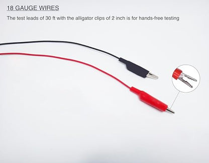 2 Wire 30’ Retractable Test Leads with 2” Alligator Clips, 18 Gauge Electrical Copper Wire, Impact-Resistant Reel, Black