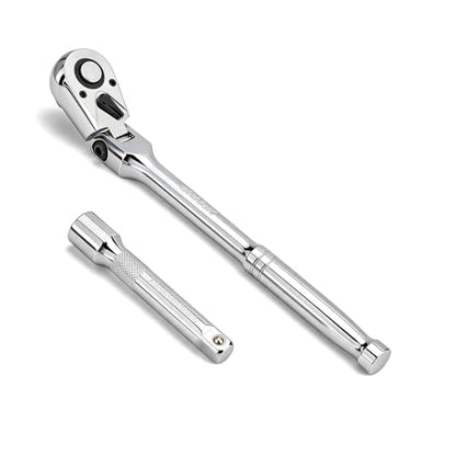 Flex Head 1/2" Drive Ratchet Wrench, 90T Long Handle Ratchet, Quick-Release Reversible with Cr-Mo Head and 5" Extension Bar for High Torque & Tight Spaces - size: 1/2"