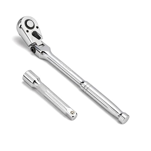 Flex Head 1/2" Drive Ratchet Wrench, 90T Long Handle Ratchet, Quick-Release Reversible with Cr-Mo Head and 5" Extension Bar for High Torque & Tight Spaces - size: 1/2"