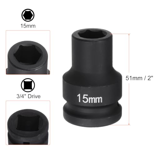 HARFINGTON 6-Point Impact Socket 3/4" Drive 15mm Metric 40Cr Alloy Steel Spindle Axle Nut Impact Socket - size: 15mm