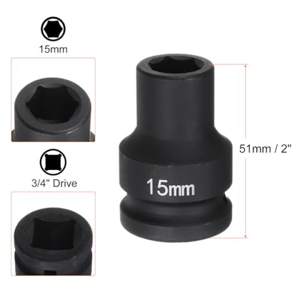 HARFINGTON 6-Point Impact Socket 3/4" Drive 15mm Metric 40Cr Alloy Steel Spindle Axle Nut Impact Socket - size: 15mm