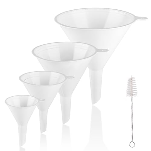 4 PCS Plastic Kitchen Funnel Set with Clean Brush, Food Grade Funnel for Kitchen Use Filling Bottles, Liquid, Protein Powder, Multifunctional Funnels for Cooking, Lab and Automotive Use