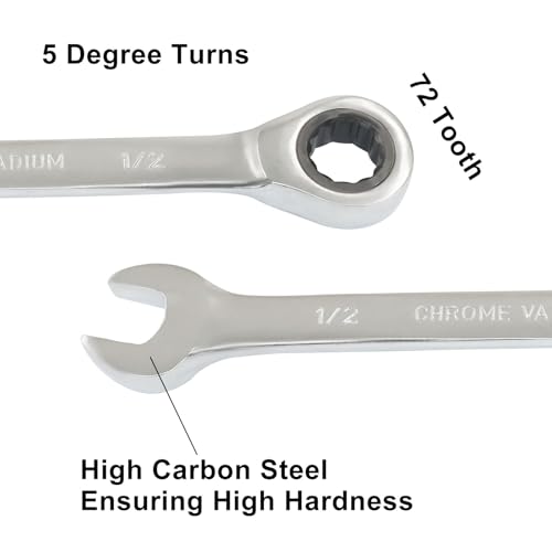2 Pcs 1/2 Inch Ratchet Wrench Imperial Ratcheting Combination Wrench Set, 12 Point, 72 Teeth for Projects SAE Tight Spaces - size: 1/2 Inch