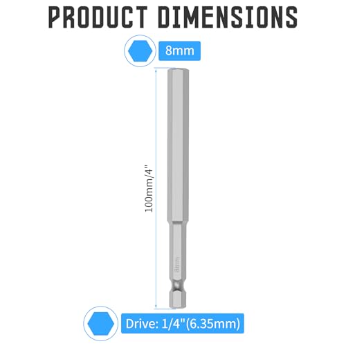 5 Pcs H8 S2 Steel Hex Bit, 8mm, 100mm Length, 1/4" Shank | Magnetic Hex Allen Wrench Screwdriver Bit, 1/4" Hex Shank, Impact Driver Bit for Furniture, Auto Repair & DIY - size: H8, style: 100mm