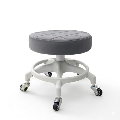 Upgraded Low-Profile Rolling Stool with 360° Smooth Rubber Wheels – Heavy-Duty 450lbs, Flat Waffle PU Seat, & Anti-Tip Base | Ideal for Home, Office, Salon, Workshop, Mechanic, Garage, Grey - style: Flat Waffle Grey Seat White Frame