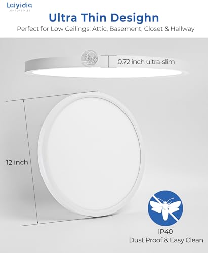 6-Pack 12 Inch Low Profile LED Ceiling Lights, 24W 2640LM Non-dimmable, 5CCT Selectable (2700K-6500K), Flicker-Free Flush Mount Fixture for Bedroom Kitchen Hallway Laundry, White - color: White, size: 12 Inch