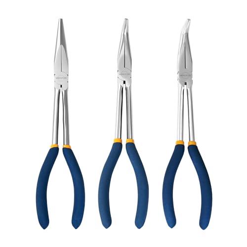 MANUFORE 11-Inch Long Reach Needle Nose Pliers, Straight, 45° & 90° Bent | 3-Piece Set, Comfort Grip for Better Control, High Carbon Steel, Great for Narrow Tight Spaces, Automotive Repair - style: 3PCS