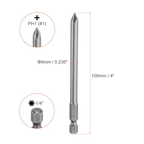 HARFINGTON 5pcs #1 Phillips Screwdriver Bit PH1 1/4" Hex Shank 4" (100mm) Long Magnetic S2 Steel Industrial Grade Screw Driver Bit Cross Head Electric Drill Bits 0.236" (6mm) Rod - size: PH1 x 100mm x 6mm