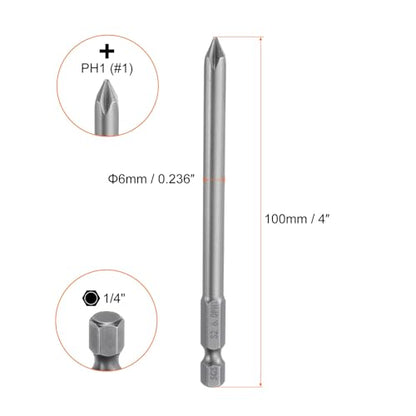 HARFINGTON 5pcs #1 Phillips Screwdriver Bit PH1 1/4" Hex Shank 4" (100mm) Long Magnetic S2 Steel Industrial Grade Screw Driver Bit Cross Head Electric Drill Bits 0.236" (6mm) Rod - size: PH1 x 100mm x 6mm