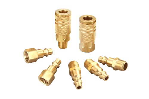 Air Hose Fittings Quick Connect, 1/4 Inch NPT | 7 Piece,Brass, Air Coupler and Plug Kit, Industrial Type D, Air Compressor Fittings - size: 1/4 inch NPT Coupler and Plug Kit, 7 Piece