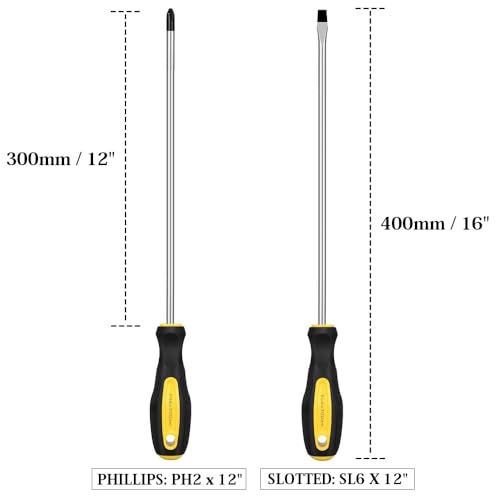 2Pcs 12-Inch Phillips & Flat Screwdriver Set, Long Cross Head & Slotted Blade Design, 6mm Tip Magnetic Extended Screwdriver - color: Black & Yellow