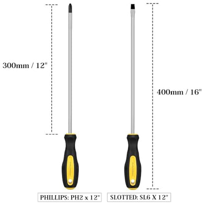 2Pcs 12-Inch Phillips & Flat Screwdriver Set, Long Cross Head & Slotted Blade Design, 6mm Tip Magnetic Extended Screwdriver - color: Black & Yellow