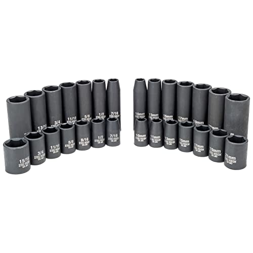 Steel Vision 28 piece 1/2" Drive Impact socket set， SAE & Metric socket set,Shallow and Deep Impact Socket Set,Chrome-moly steel for durability and strength - style: 28pc
