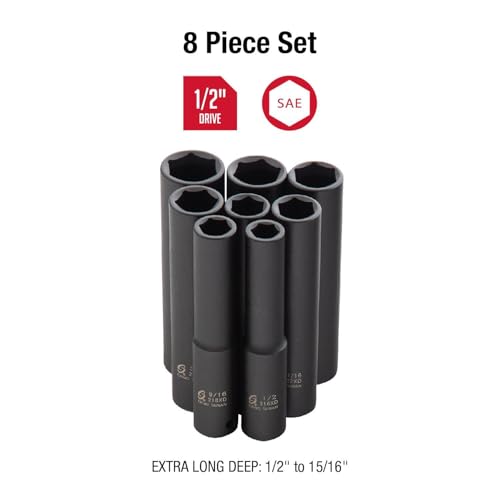 SUNEX TOOLS 2848, 1/2 Inch Drive Impact Socket Set, Extra Long Deep, 8-Piece, SAE, 1/2"-15/16", Cr-Mo Alloy Steel, Radius Corner Design, Dual Size Markings, Heavy Duty Storage Case