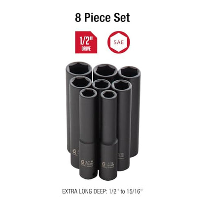 SUNEX TOOLS 2848, 1/2 Inch Drive Impact Socket Set, Extra Long Deep, 8-Piece, SAE, 1/2"-15/16", Cr-Mo Alloy Steel, Radius Corner Design, Dual Size Markings, Heavy Duty Storage Case
