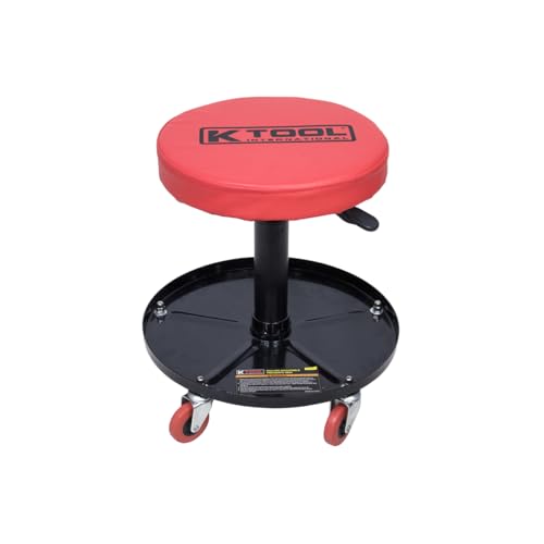 K Tool International 74971 Adjustable Rolling Mechanic Seat for Garages, Repair Shops, and DIY, Pneumatic Lift, (5) 2.5" Swivel Casters, Height Range 14" to 19", 12" Padded Seat, Tool Tray, Black/Red
