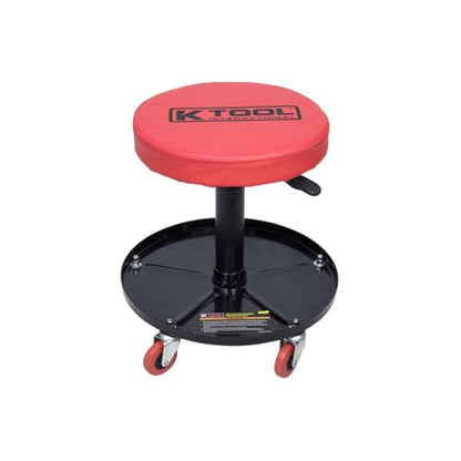 K Tool International 74971 Adjustable Rolling Mechanic Seat for Garages, Repair Shops, and DIY, Pneumatic Lift, (5) 2.5" Swivel Casters, Height Range 14" to 19", 12" Padded Seat, Tool Tray, Black/Red