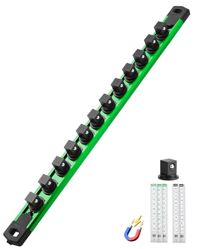 ALOANES Magnetic Socket Organizer Set, 1/2-Inch Drive Heavy Duty Aluminum Socket Rail Organizer, 360° Swivel Clips Socket Holder Kit for Toolbox Drawer Fit 1/2-Inch x 12 Clips (Green, 1PC) - color: Green, size: 1PC, 1/2-Inch Drive