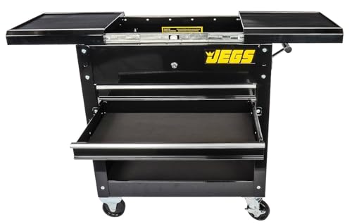 JEGS Heavy-Duty Tool Box Cart | 220 LBS Capacity | Uses Four 4" Caster Wheels | Includes 2 Keyes and 6 Drawer Liners | Black with JEGS Logo | 2 Locking Drawers | Sliding Top