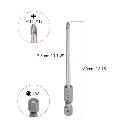 HARFINGTON 5pcs #1 Phillips Screwdriver Bit PH1 1/4" Hex Shank 3.15" (80mm) Long Magnetic S2 Steel Industrial Grade Screw Driver Bit Cross Head Electric Drill Bits 0.138" (3.5mm) Rod - size: PH1 x 80mm x 3.5mm