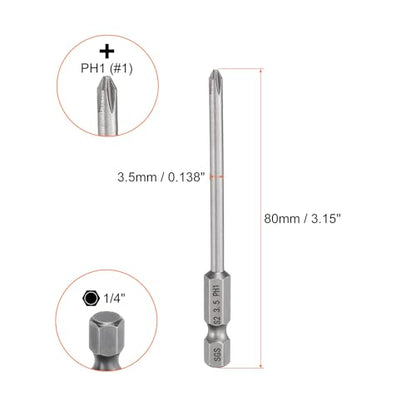 HARFINGTON 5pcs #1 Phillips Screwdriver Bit PH1 1/4" Hex Shank 3.15" (80mm) Long Magnetic S2 Steel Industrial Grade Screw Driver Bit Cross Head Electric Drill Bits 0.138" (3.5mm) Rod - size: PH1 x 80mm x 3.5mm