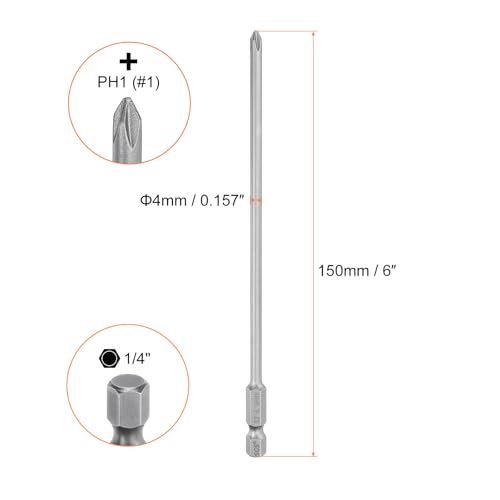 HARFINGTON 5pcs #1 Phillips Screwdriver Bit PH1 1/4" Hex Shank 6" (150mm) Long Magnetic S2 Steel Industrial Grade Screw Driver Bit Cross Head Electric Drill Bits 0.157" (4mm) Rod - size: PH1 x 150mm x 4mm