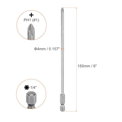 HARFINGTON 5pcs #1 Phillips Screwdriver Bit PH1 1/4" Hex Shank 6" (150mm) Long Magnetic S2 Steel Industrial Grade Screw Driver Bit Cross Head Electric Drill Bits 0.157" (4mm) Rod - size: PH1 x 150mm x 4mm