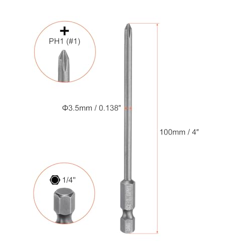 5pcs #1 Phillips Screwdriver Bit PH1 1/4" Hex Shank 4" (100mm) Long Magnetic S2 Steel Industrial Grade Screw Driver Bit Cross Head Electric Drill Bits 0.138" (3.5mm) Rod