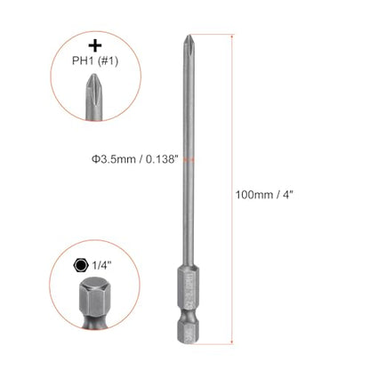 5pcs #1 Phillips Screwdriver Bit PH1 1/4" Hex Shank 4" (100mm) Long Magnetic S2 Steel Industrial Grade Screw Driver Bit Cross Head Electric Drill Bits 0.138" (3.5mm) Rod