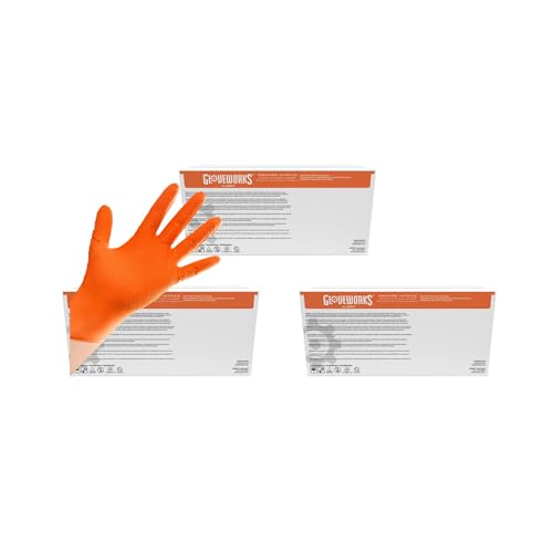 GLOVEWORKS Orange Nitrile Work Gloves, 8 Mil Disposable Heavy Duty, Raised Diamond Grip Mechanic Glove, XL, 3 Cases of 1000 - size: X-Large, style: 3 Cases of 1000
