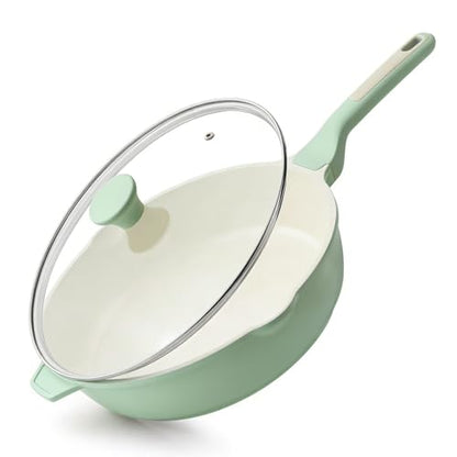 SENSARTE Nonstick Ceramic Skillet with Lid 12-inch/5QT, Non Toxic Deep Frying Pan, Saute Pan with Lid, Stay-cool Handle, Healthy Cooking Pot Dishwasher Safe, Induction Compatible, Green - color: Mint Green, size: 12-inch/5QT