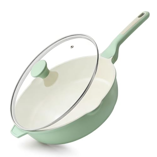 SENSARTE Nonstick Ceramic Skillet with Lid 12-inch/5QT, Non Toxic Deep Frying Pan, Saute Pan with Lid, Stay-cool Handle, Healthy Cooking Pot Dishwasher Safe, Induction Compatible, Green - color: Mint Green, size: 12-inch/5QT