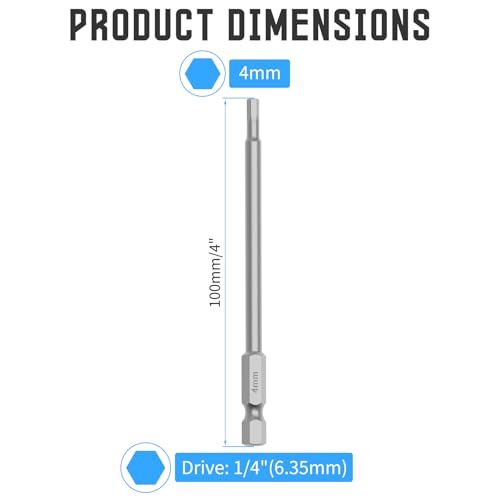 5 Pcs H4 S2 Steel Hex Bit, 4mm, 100mm Length, 1/4" Shank | Magnetic Hex Allen Wrench Screwdriver Bit, 1/4" Hex Shank, Impact Driver Bit for Furniture, Auto Repair & DIY - size: H4, style: 100mm