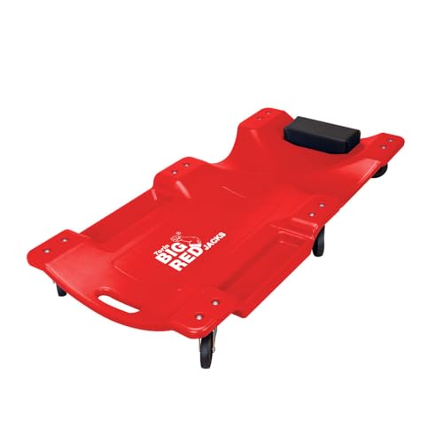 Big RED Torin Blow Molded Plastic Rolling Garage/Shop Creeper: 40" Mechanic Cart with Padded Headrest, Dual Tool Trays and 6 Casters, Red - style: Plastic Creeper