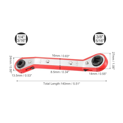 HVAC Service Wrench 1/4" 5/16" 3/16" 3/8" 25 Degrees SAE Double Head 16-Teeth Air Conditioner Valve Reversible Ratchet Wrench for Refrigeration Equipment Repair, Silver Red