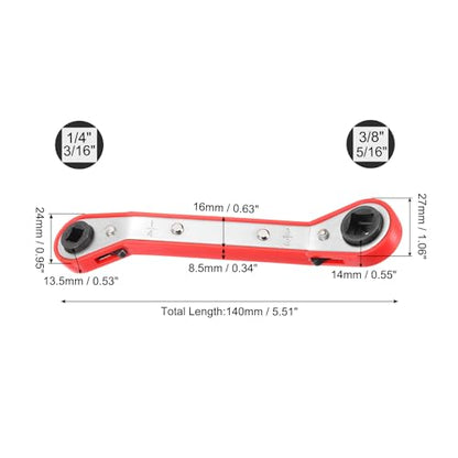 HVAC Service Wrench 1/4" 5/16" 3/16" 3/8" 25 Degrees SAE Double Head 16-Teeth Air Conditioner Valve Reversible Ratchet Wrench for Refrigeration Equipment Repair, Silver Red