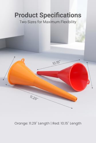 2 PCS Oil Funnel for Oil Change, No-Spill Long Neck Funnel with Hanging Hole, Universal Fuel & Transmission Fluid Filling Tool for Cars and Motorcycles (Orange+Red)
