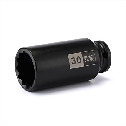 EMENTOL 1/2 Inch Drive Deep Spindle Axle Nut Impact Socket, CR-MO, 12 Point, Metric, Deep 12PT Impact Socket - 30mm - size: 30mm