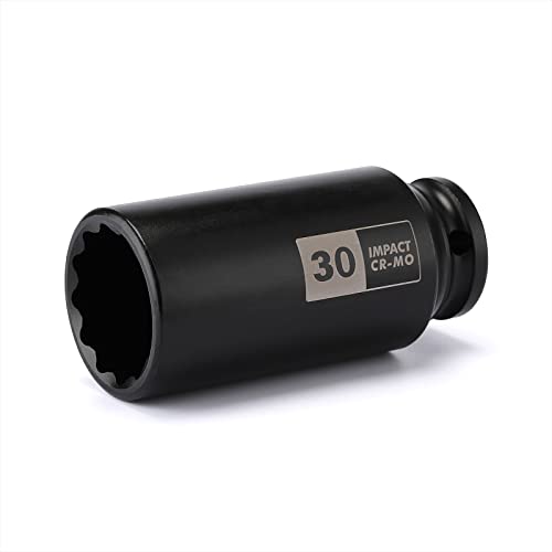 EMENTOL 1/2 Inch Drive Deep Spindle Axle Nut Impact Socket, CR-MO, 12 Point, Metric, Deep 12PT Impact Socket - 30mm - size: 30mm