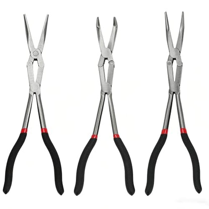 3PCS 13" Double Jointed Long Needle Nose Pliers Set, 0°/45°/90° Bent Nose Extra Long Pliers with Comfort Grips for Automotive Repair & Confined Spaces