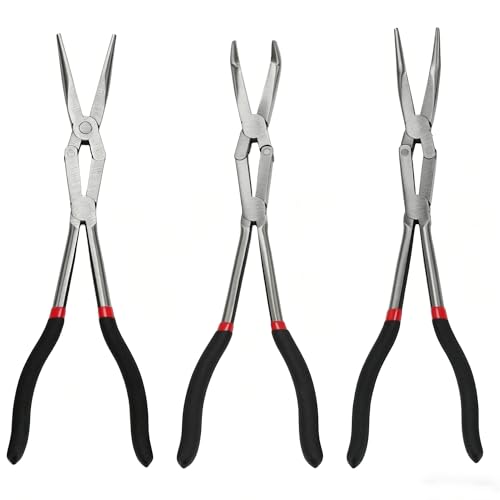 3PCS 13" Double Jointed Long Needle Nose Pliers Set, 0°/45°/90° Bent Nose Extra Long Pliers with Comfort Grips for Automotive Repair & Confined Spaces