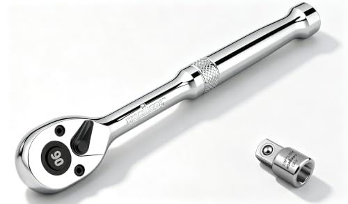 HORUSDY 1/4" Drive 90-Tooth Quick-Release Ratchet Handle with 1/4" to 3/8" Adapter, Reversible Thin Profile Socket Wrench, 4° Swing Arc, Ergonomic Anti-Slip Grip, Ideal for Auto, Bike & Home Repair - style: 1/4" Drive 90T
