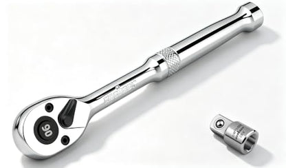 HORUSDY 1/4" Drive 90-Tooth Quick-Release Ratchet Handle with 1/4" to 3/8" Adapter, Reversible Thin Profile Socket Wrench, 4° Swing Arc, Ergonomic Anti-Slip Grip, Ideal for Auto, Bike & Home Repair - style: 1/4" Drive 90T