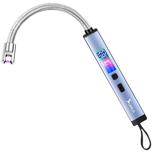 SUPRUS Electric Candle Lighter USB-C Rechargeable with Digital Battery Display Ambient Lighting Safety Switch 360° Flexible Neck Flameless Plasma Windproof Perfect for Candle BBQ Camping (Blue) - color: Blue