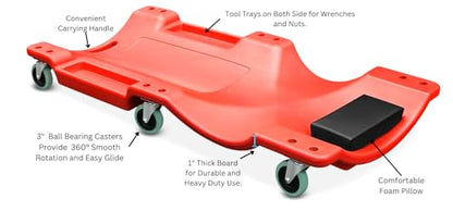 LARIN 40 Inch Mechanic Creeper – Blow Molded Low Profile Rolling Garage Creeper with Padded Headrest, Dual Tool Trays, 350 lbs Capacity, Ergonomic Shoulder Recess Design