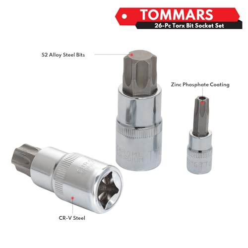 TOMMARS 26-PC Torx Socket Set, Torx Star Tamper Proof Security Bit | T10-T70 & TT10-TT70,1/4", 3/8", 1/2" Drive, S2 Steel Bits, CRV Sockets - style: Torx and Torx Tamper Proof Bit Socket