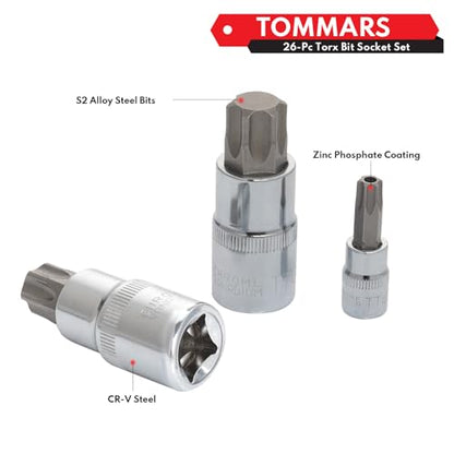 TOMMARS 26-PC Torx Socket Set, Torx Star Tamper Proof Security Bit | T10-T70 & TT10-TT70,1/4", 3/8", 1/2" Drive, S2 Steel Bits, CRV Sockets - style: Torx and Torx Tamper Proof Bit Socket