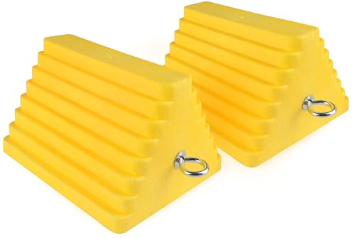 MaxxHaul 51169 Polyfoam Wheel Chocks with Steel Eyebolt – 2-Pack – 10″ × 8″ × 6″ Heavy-Duty Structural Foam – Bright Yellow – Vehicle & Trailer Safety for Cars, Trucks, RVs, Boats, ATVs - size: 10" X 8" X 6" (yellow)