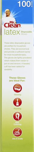 Mr Clean Latex Gloves Disposable Single Use Lightly Powdered Non-Sterile Multipurpose Uses One Size Fits Most Tear & Puncture Resistant Design 9.5-Inch Long with Beaded Cuff, 100-Count, Blue - size: 100 Count (Latex)