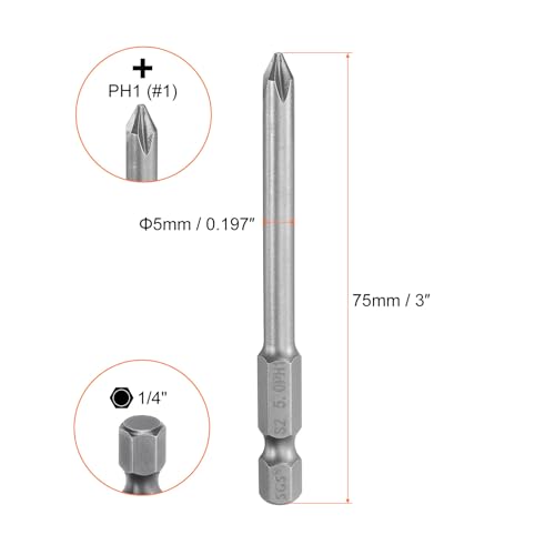 HARFINGTON 5pcs #1 Phillips Screwdriver Bit PH1 1/4" Hex Shank 3" (75mm) Long Magnetic S2 Steel Industrial Grade Screw Driver Bit Cross Head Electric Drill Bits 0.197" (5mm) Rod - size: PH1 x 75mm x 5mm